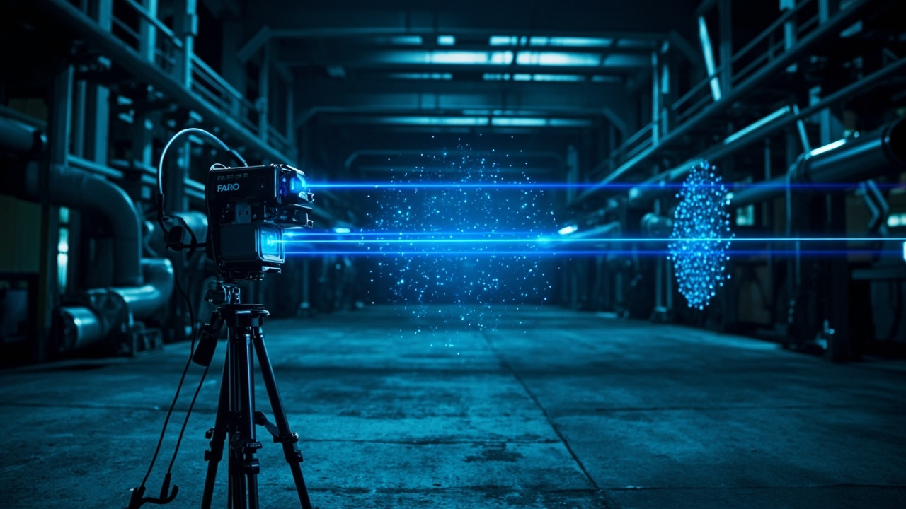 Escáner láser 3D FARO capturando nube de puntos en planta industrial