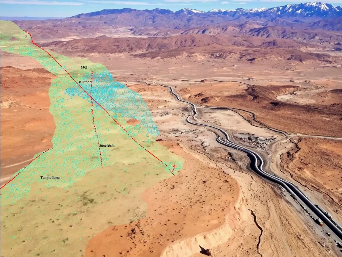 Vista aérea de operación minera con escaneo 3D