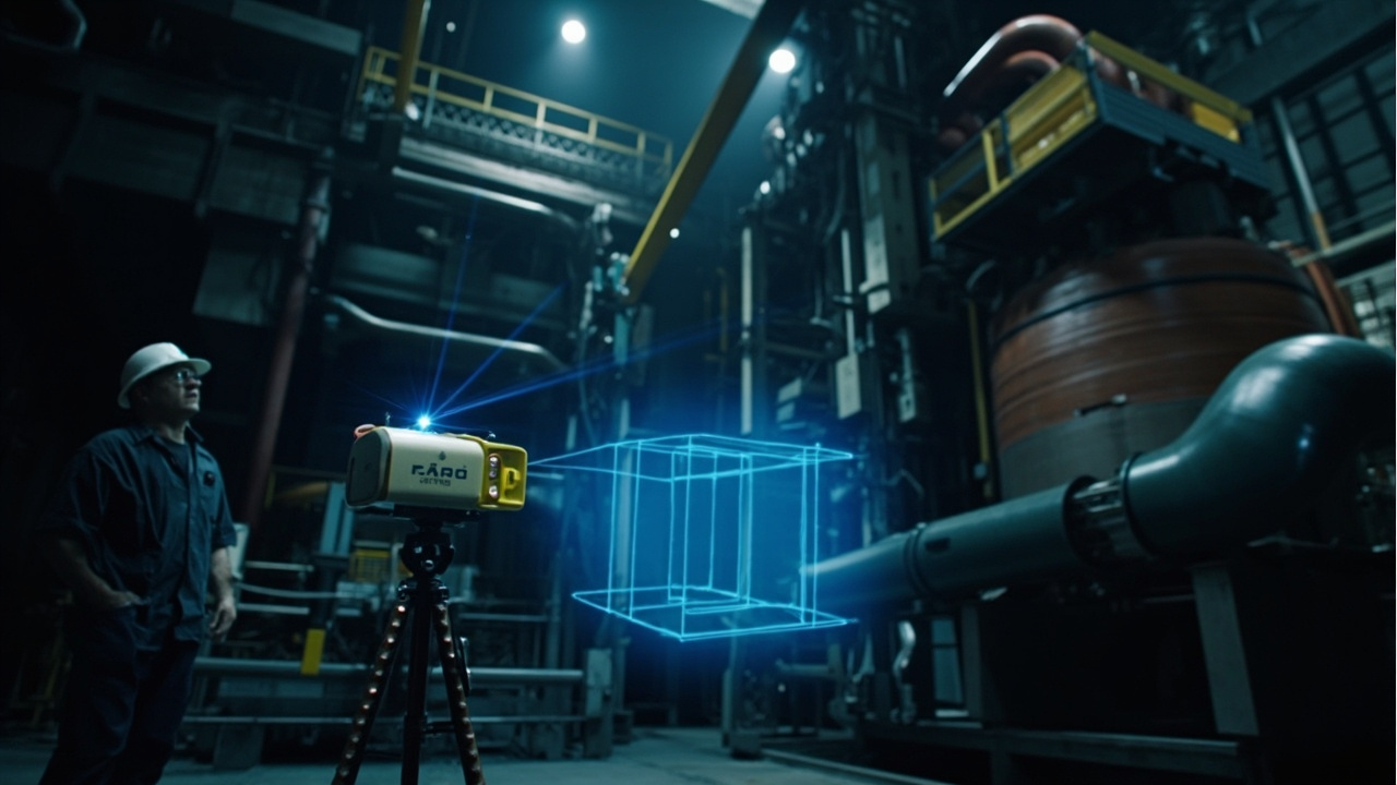 Escáner FARO Focus capturando nube de puntos 3D en planta industrial