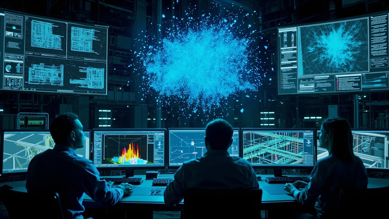 Ingenieros analizando nube de puntos 3D en sala de control industrial